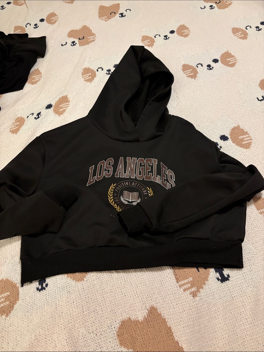 SHEIN Black 'Los Angeles' Cropped Hoodie with Gold Accent